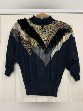 Vintage Mariea Kim Black Gold Patchwork Faux Fur Sweater.        3066